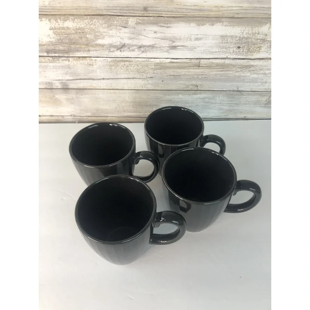 West Elm Ribbed Gray  Black Coffee or Tea Mugs Set of 4